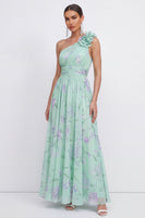 Laden Sie das Bild in den Galerie-Viewer, Grünes Einschulteriges A-Linie Chiffon Blumenkleid mit 3D-Blume