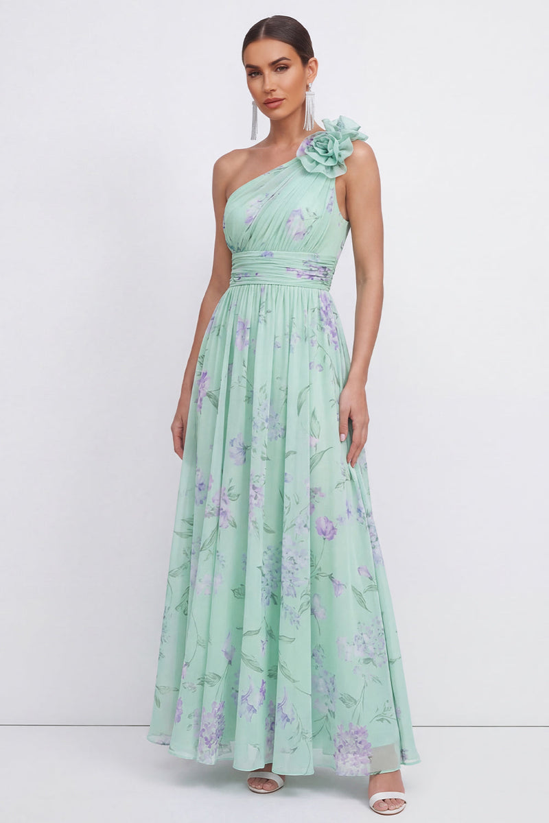 Laden Sie das Bild in den Galerie-Viewer, Grünes Einschulteriges A-Linie Chiffon Blumenkleid mit 3D-Blume