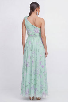Grünes Einschulteriges A-Linie Chiffon Blumenkleid mit 3D-Blume