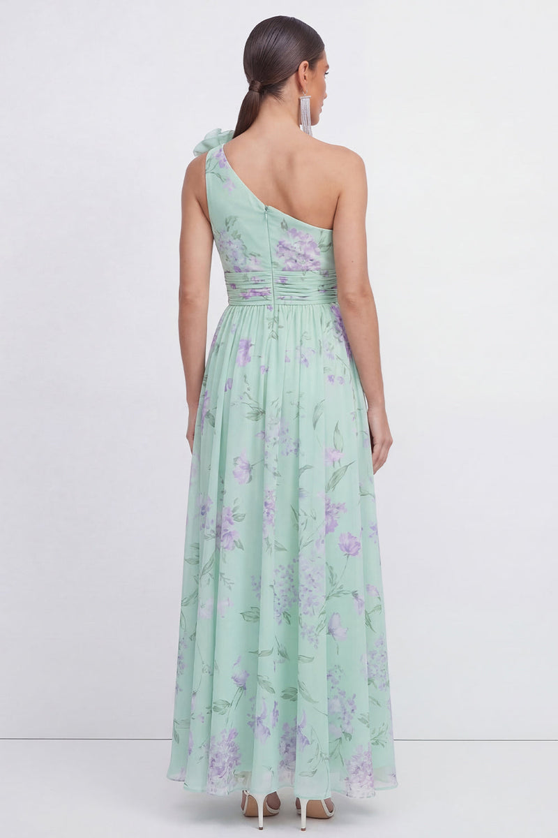 Laden Sie das Bild in den Galerie-Viewer, Grünes Einschulteriges A-Linie Chiffon Blumenkleid mit 3D-Blume