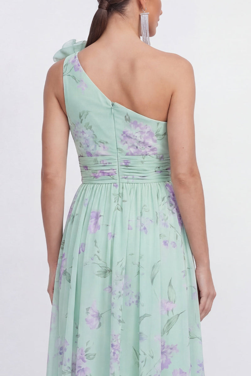 Laden Sie das Bild in den Galerie-Viewer, Grünes Einschulteriges A-Linie Chiffon Blumenkleid mit 3D-Blume