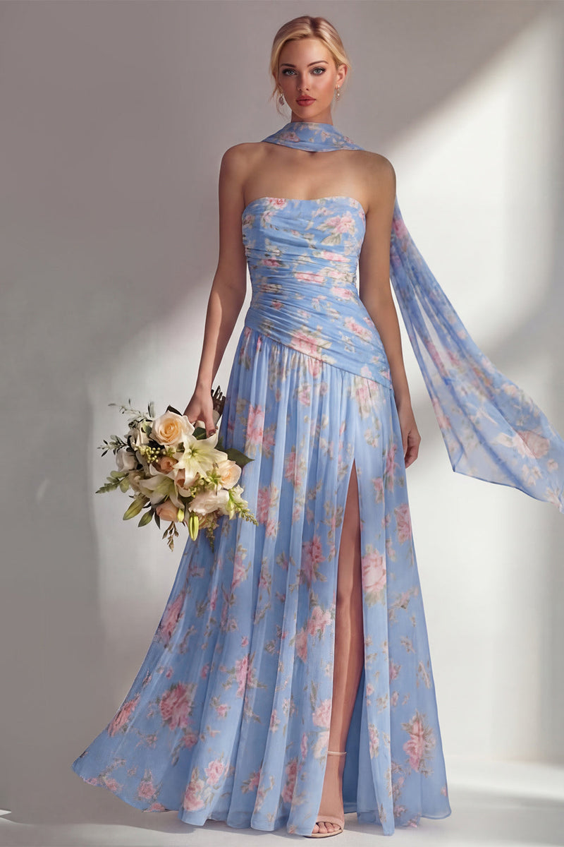 Laden Sie das Bild in den Galerie-Viewer, Chiffon Gelbes Rosa Blumenbedrucktes Gerafftes Trägerloses Langes Brautjungfernkleid mit Schlitz
