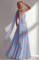 Laden Sie das Bild in den Galerie-Viewer, Chiffon Gelbes Rosa Blumenbedrucktes Gerafftes Trägerloses Langes Brautjungfernkleid mit Schlitz