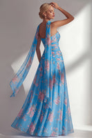 Laden Sie das Bild in den Galerie-Viewer, Chiffon Gelbes Rosa Blumenbedrucktes Gerafftes Trägerloses Langes Brautjungfernkleid mit Schlitz