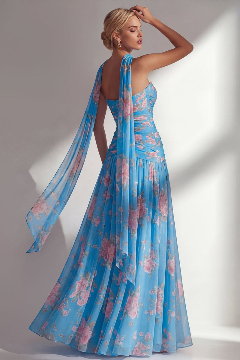 Laden Sie das Bild in den Galerie-Viewer, Chiffon Gelbes Rosa Blumenbedrucktes Gerafftes Trägerloses Langes Brautjungfernkleid mit Schlitz