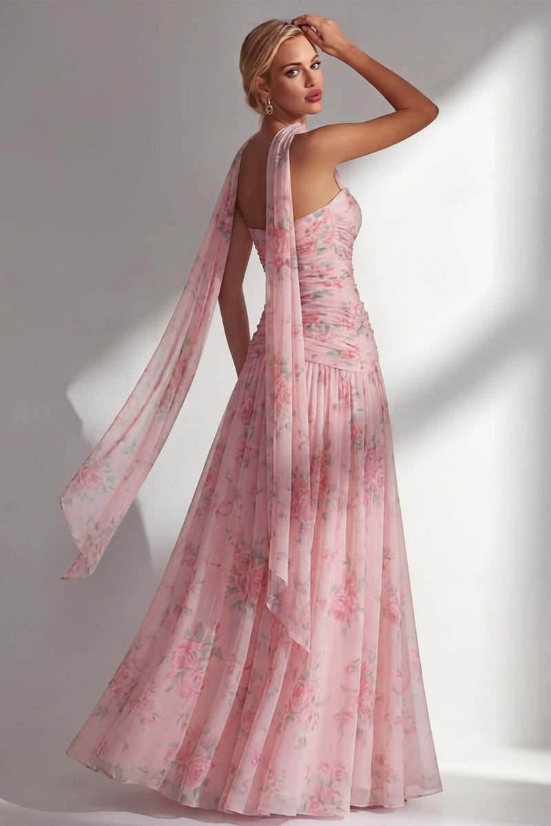 Laden Sie das Bild in den Galerie-Viewer, Chiffon Gelbes Rosa Blumenbedrucktes Gerafftes Trägerloses Langes Brautjungfernkleid mit Schlitz