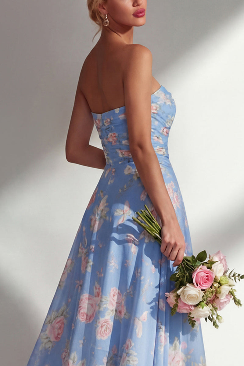 Laden Sie das Bild in den Galerie-Viewer, Chiffonblaues pinkes Blumenkleid mit einer Schulter gerafftes langes Brautjungfernkleid mit Schlitz