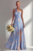 Laden Sie das Bild in den Galerie-Viewer, Chiffonblaues pinkes Blumenkleid mit einer Schulter gerafftes langes Brautjungfernkleid mit Schlitz