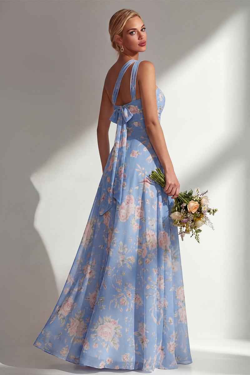 Laden Sie das Bild in den Galerie-Viewer, Chiffonblaues pinkes Blumenkleid mit einer Schulter gerafftes langes Brautjungfernkleid mit Schlitz