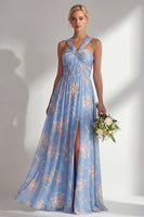 Laden Sie das Bild in den Galerie-Viewer, Chiffonblaues pinkes Blumenkleid mit einer Schulter gerafftes langes Brautjungfernkleid mit Schlitz