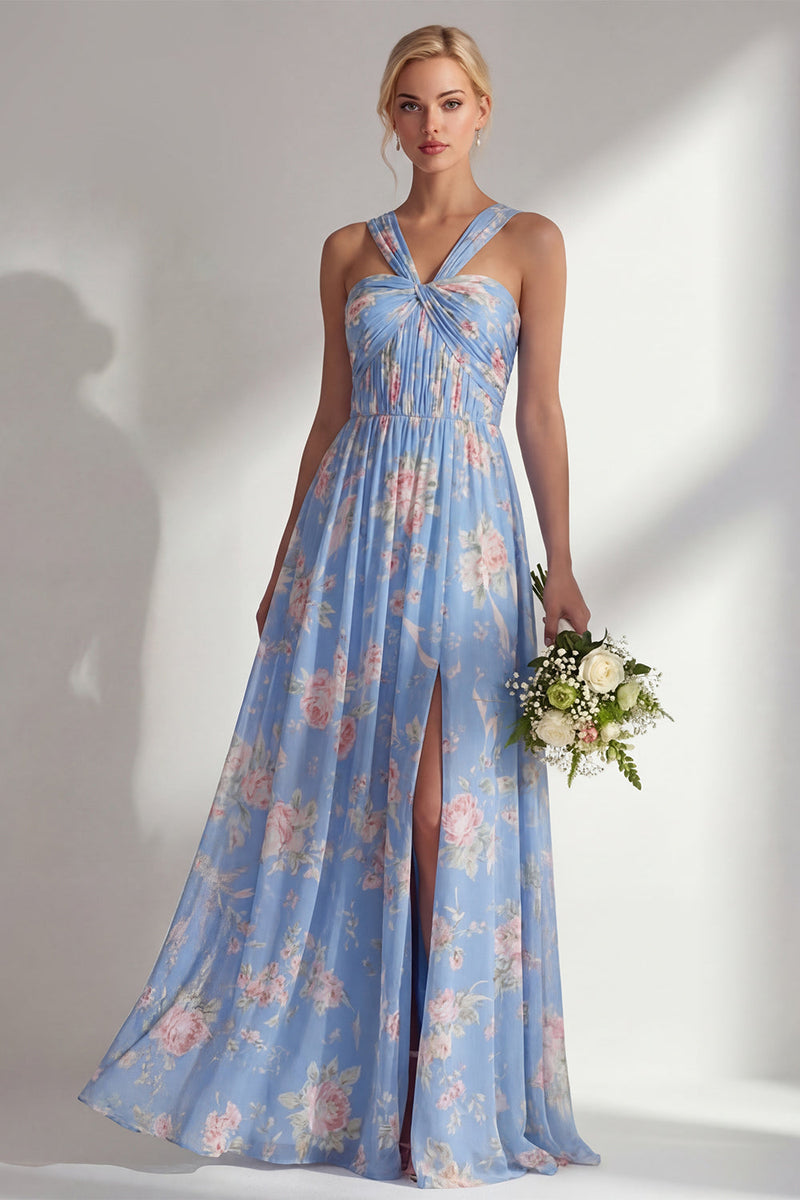 Laden Sie das Bild in den Galerie-Viewer, Chiffonblaues pinkes Blumenkleid mit einer Schulter gerafftes langes Brautjungfernkleid mit Schlitz