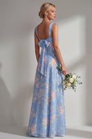 Laden Sie das Bild in den Galerie-Viewer, Chiffonblaues pinkes Blumenkleid mit einer Schulter gerafftes langes Brautjungfernkleid mit Schlitz