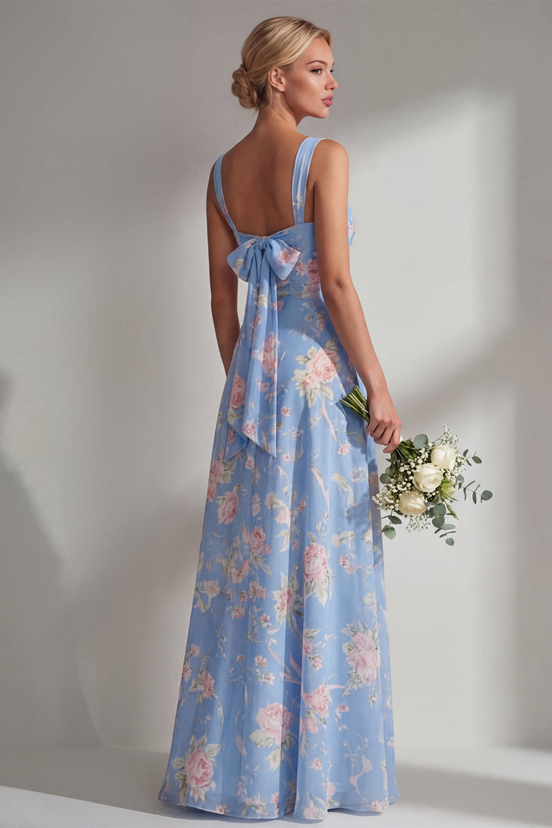 Laden Sie das Bild in den Galerie-Viewer, Chiffonblaues pinkes Blumenkleid mit einer Schulter gerafftes langes Brautjungfernkleid mit Schlitz