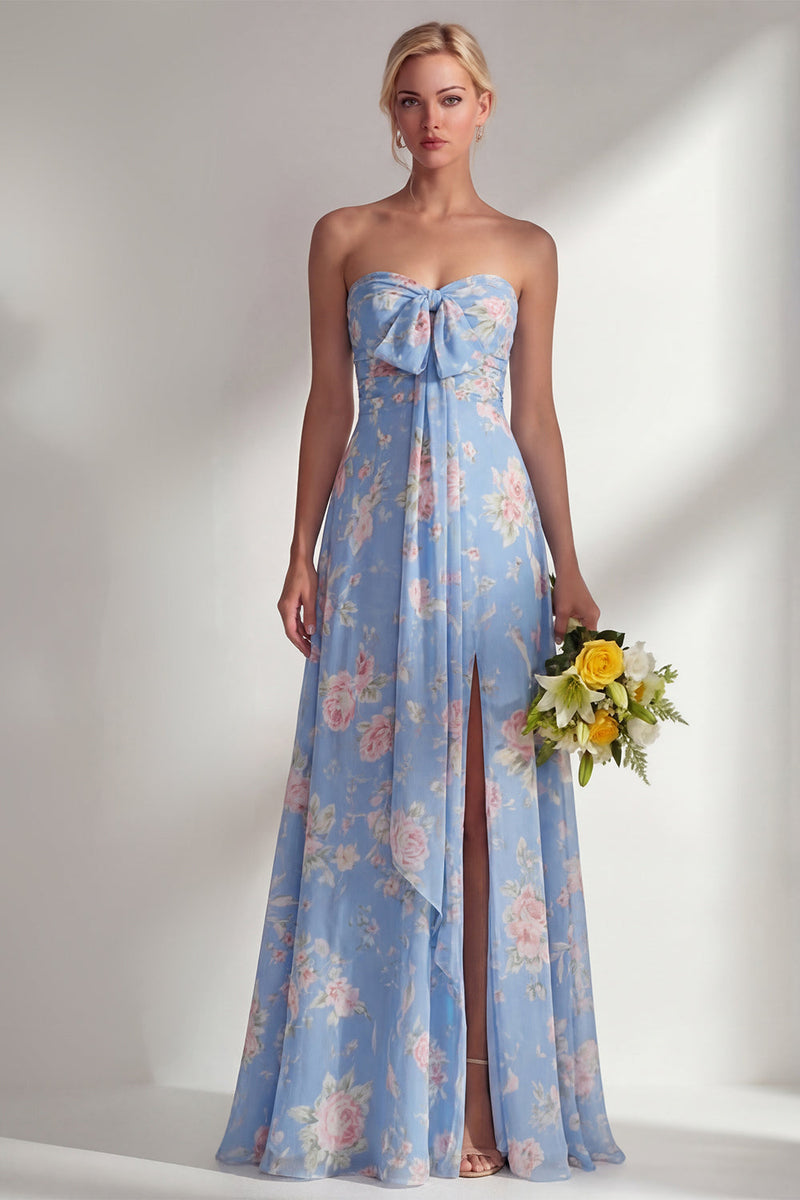 Laden Sie das Bild in den Galerie-Viewer, Chiffonblaues pinkes Blumenkleid mit einer Schulter gerafftes langes Brautjungfernkleid mit Schlitz