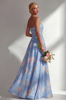Laden Sie das Bild in den Galerie-Viewer, Chiffonblaues pinkes Blumenkleid mit einer Schulter gerafftes langes Brautjungfernkleid mit Schlitz