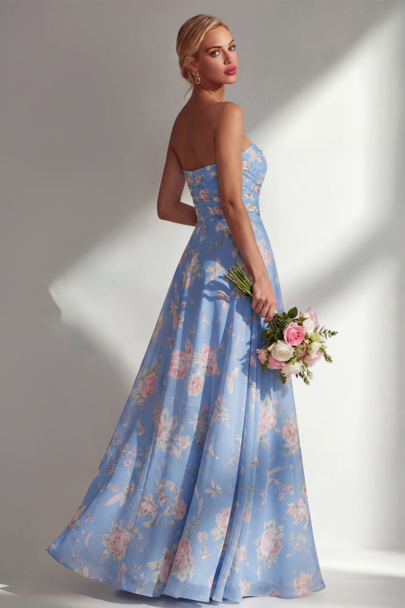 Laden Sie das Bild in den Galerie-Viewer, Chiffonblaues pinkes Blumenkleid mit einer Schulter gerafftes langes Brautjungfernkleid mit Schlitz