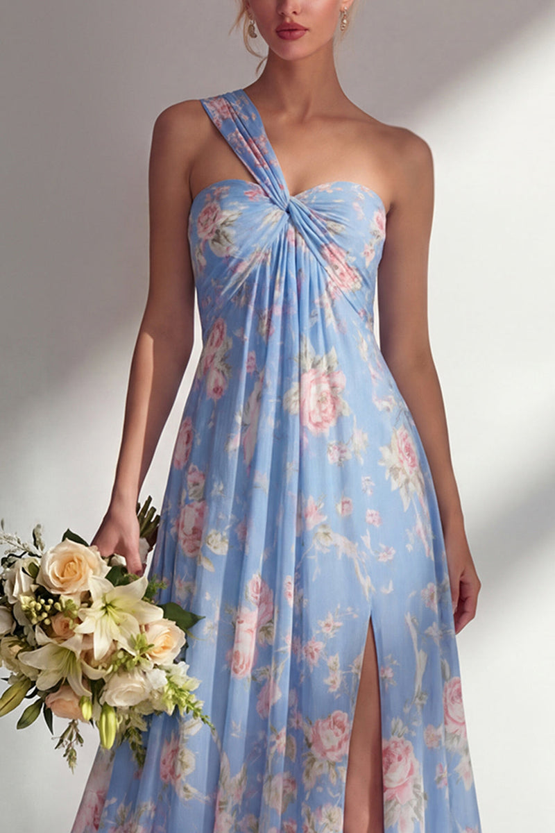 Laden Sie das Bild in den Galerie-Viewer, Chiffonblaues pinkes Blumenkleid mit einer Schulter gerafftes langes Brautjungfernkleid mit Schlitz