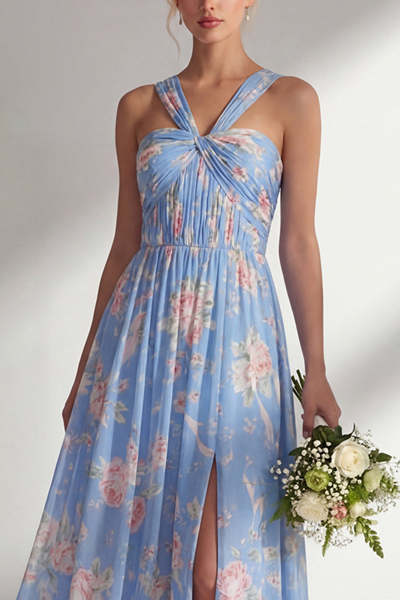 Laden Sie das Bild in den Galerie-Viewer, Chiffonblaues pinkes Blumenkleid mit einer Schulter gerafftes langes Brautjungfernkleid mit Schlitz