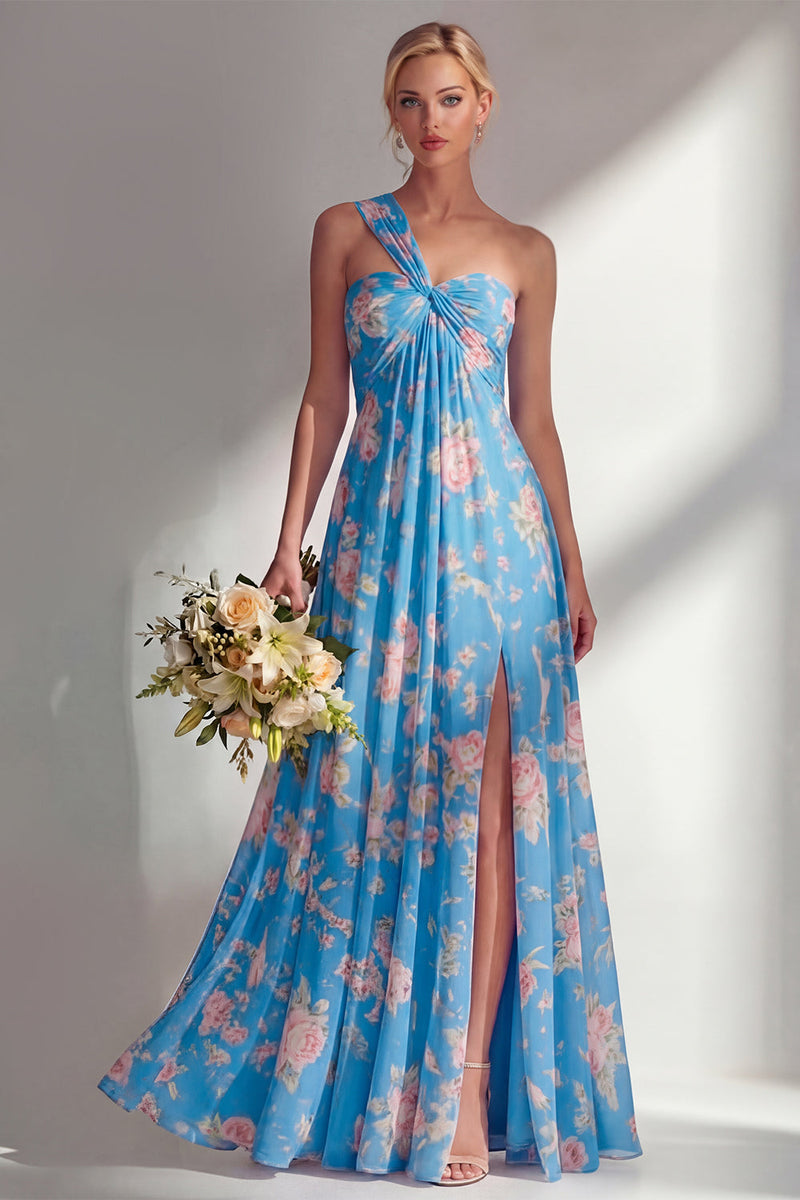 Laden Sie das Bild in den Galerie-Viewer, Chiffonblaues pinkes Blumenkleid mit einer Schulter gerafftes langes Brautjungfernkleid mit Schlitz