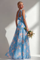 Laden Sie das Bild in den Galerie-Viewer, Chiffonblaues pinkes Blumenkleid mit einer Schulter gerafftes langes Brautjungfernkleid mit Schlitz