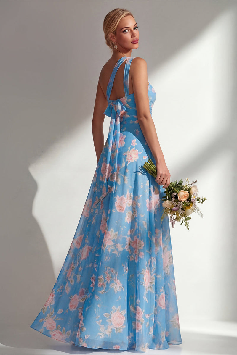 Laden Sie das Bild in den Galerie-Viewer, Chiffonblaues pinkes Blumenkleid mit einer Schulter gerafftes langes Brautjungfernkleid mit Schlitz