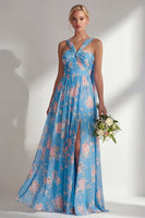 Laden Sie das Bild in den Galerie-Viewer, Chiffonblaues pinkes Blumenkleid mit einer Schulter gerafftes langes Brautjungfernkleid mit Schlitz