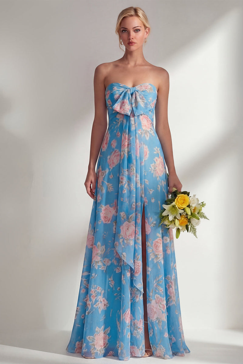 Laden Sie das Bild in den Galerie-Viewer, Chiffonblaues pinkes Blumenkleid mit einer Schulter gerafftes langes Brautjungfernkleid mit Schlitz