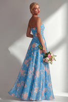 Laden Sie das Bild in den Galerie-Viewer, Chiffonblaues pinkes Blumenkleid mit einer Schulter gerafftes langes Brautjungfernkleid mit Schlitz