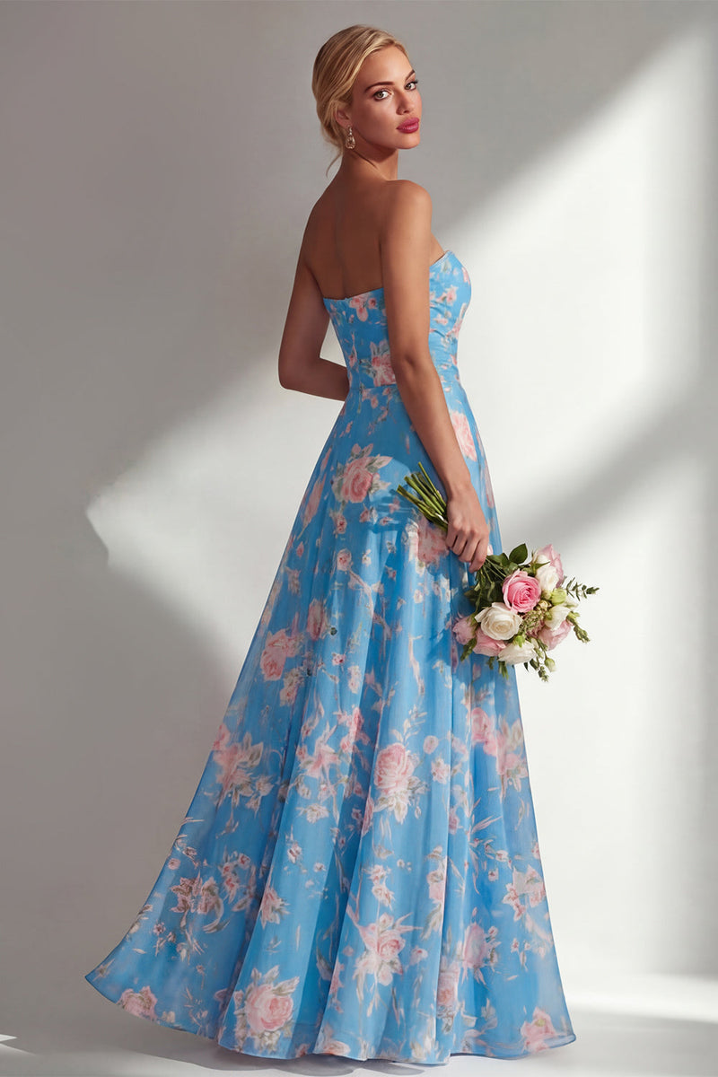 Laden Sie das Bild in den Galerie-Viewer, Chiffonblaues pinkes Blumenkleid mit einer Schulter gerafftes langes Brautjungfernkleid mit Schlitz