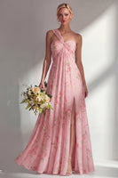 Laden Sie das Bild in den Galerie-Viewer, Chiffonblaues pinkes Blumenkleid mit einer Schulter gerafftes langes Brautjungfernkleid mit Schlitz