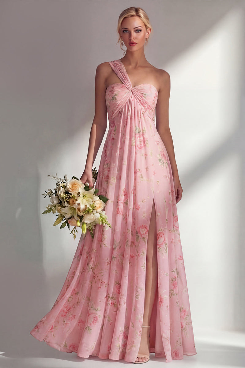 Laden Sie das Bild in den Galerie-Viewer, Chiffonblaues pinkes Blumenkleid mit einer Schulter gerafftes langes Brautjungfernkleid mit Schlitz