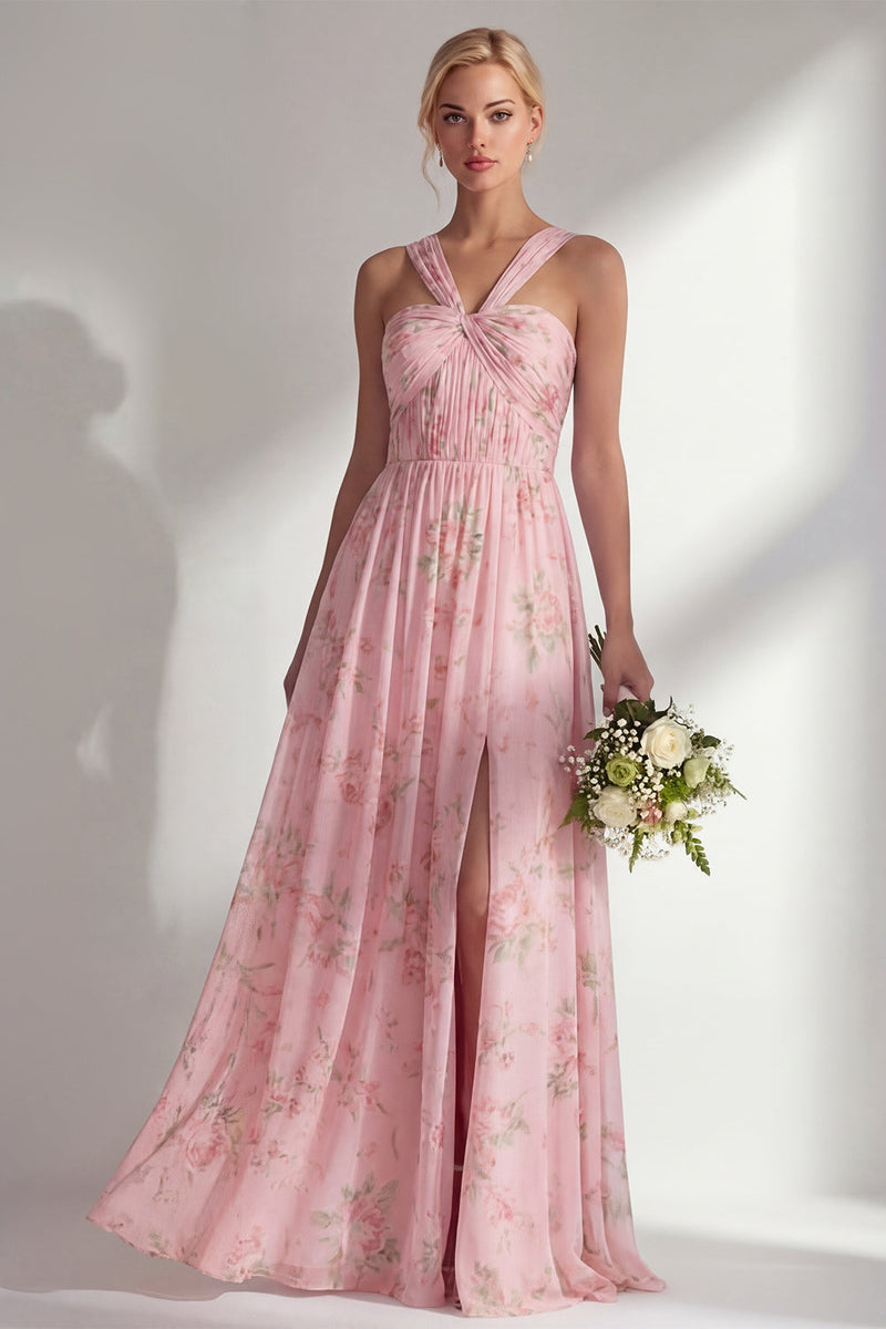 Laden Sie das Bild in den Galerie-Viewer, Chiffonblaues pinkes Blumenkleid mit einer Schulter gerafftes langes Brautjungfernkleid mit Schlitz