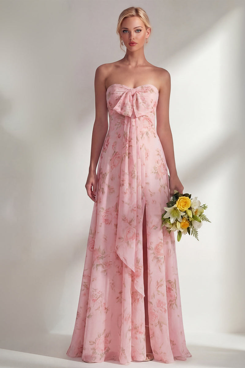 Laden Sie das Bild in den Galerie-Viewer, Chiffonblaues pinkes Blumenkleid mit einer Schulter gerafftes langes Brautjungfernkleid mit Schlitz