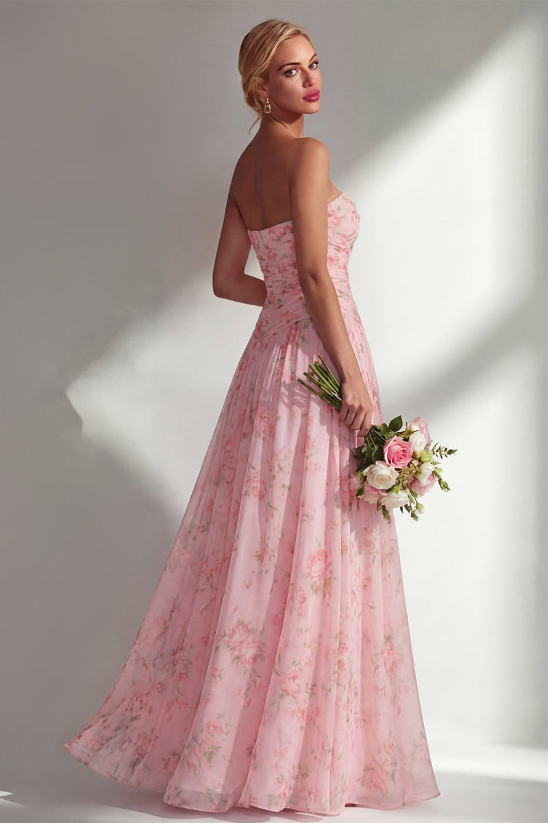 Laden Sie das Bild in den Galerie-Viewer, Chiffonblaues pinkes Blumenkleid mit einer Schulter gerafftes langes Brautjungfernkleid mit Schlitz