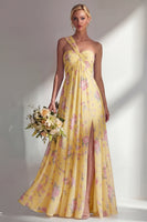 Laden Sie das Bild in den Galerie-Viewer, Chiffonblaues pinkes Blumenkleid mit einer Schulter gerafftes langes Brautjungfernkleid mit Schlitz