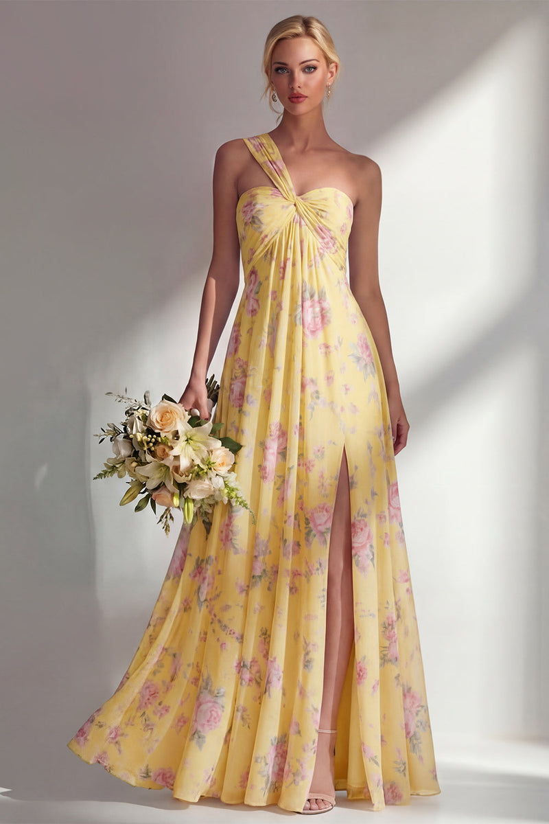 Laden Sie das Bild in den Galerie-Viewer, Chiffonblaues pinkes Blumenkleid mit einer Schulter gerafftes langes Brautjungfernkleid mit Schlitz