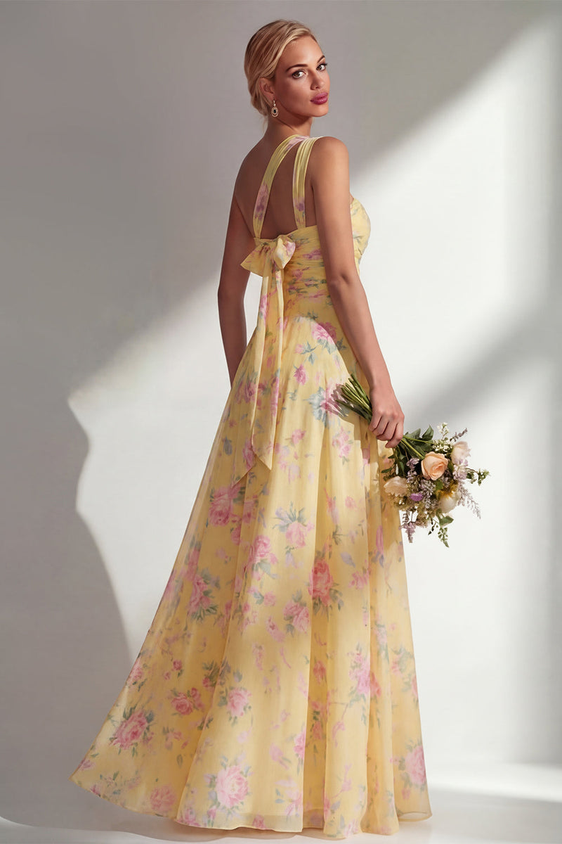 Laden Sie das Bild in den Galerie-Viewer, Chiffonblaues pinkes Blumenkleid mit einer Schulter gerafftes langes Brautjungfernkleid mit Schlitz
