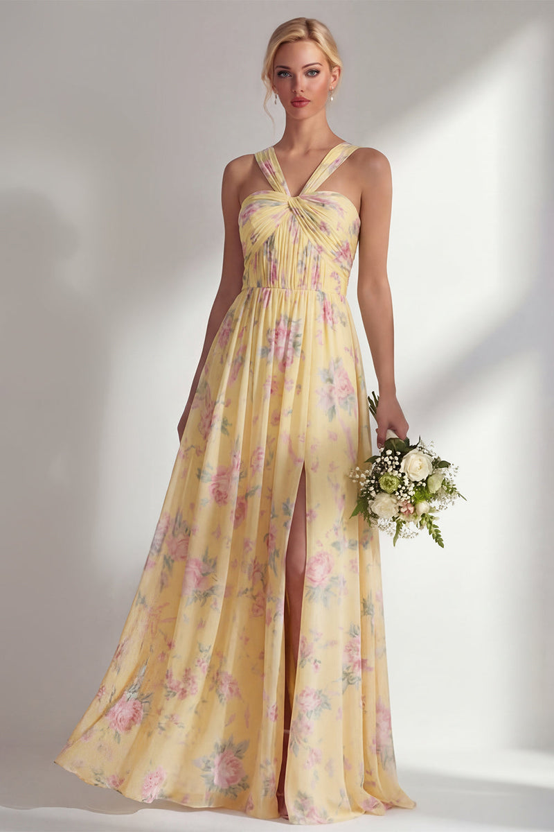 Laden Sie das Bild in den Galerie-Viewer, Chiffonblaues pinkes Blumenkleid mit einer Schulter gerafftes langes Brautjungfernkleid mit Schlitz