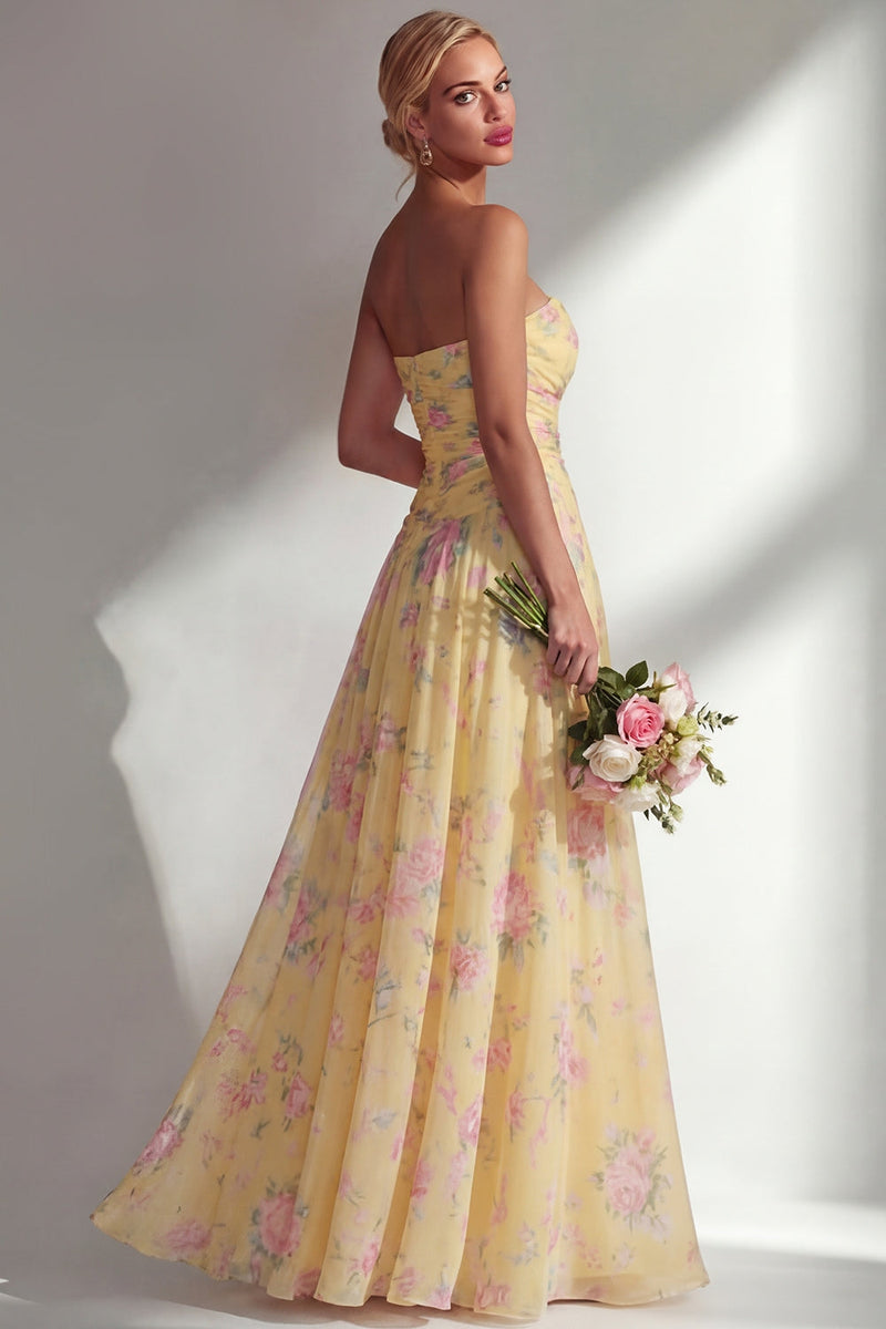 Laden Sie das Bild in den Galerie-Viewer, Chiffonblaues pinkes Blumenkleid mit einer Schulter gerafftes langes Brautjungfernkleid mit Schlitz