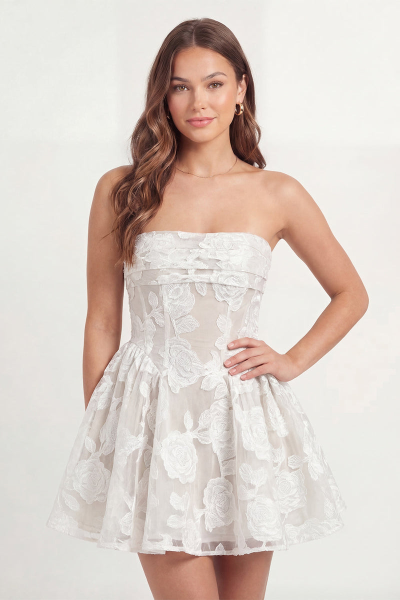 Laden Sie das Bild in den Galerie-Viewer, Trägerloses Weißes Appliquiertes Korsett A Linie Mini-Kleid