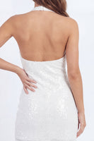 Laden Sie das Bild in den Galerie-Viewer, Glitzerndes Weißes Neckholder Bodycon Minikleid mit Pailletten