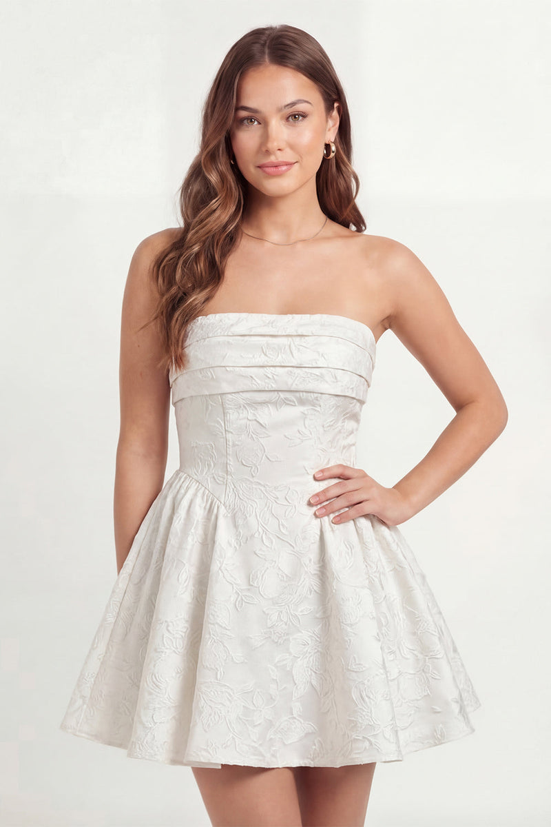 Laden Sie das Bild in den Galerie-Viewer, Florales A-Linie Trägerloses Mini Weißes Kleid