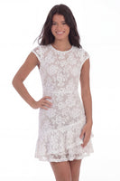 Laden Sie das Bild in den Galerie-Viewer, Weißes Spitze Rundhals Kurzes Standesamtkleid mit Rüschen und Ärmeln