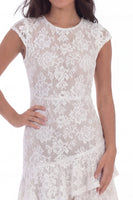 Laden Sie das Bild in den Galerie-Viewer, Weißes Spitze Rundhals Kurzes Standesamtkleid mit Rüschen und Ärmeln