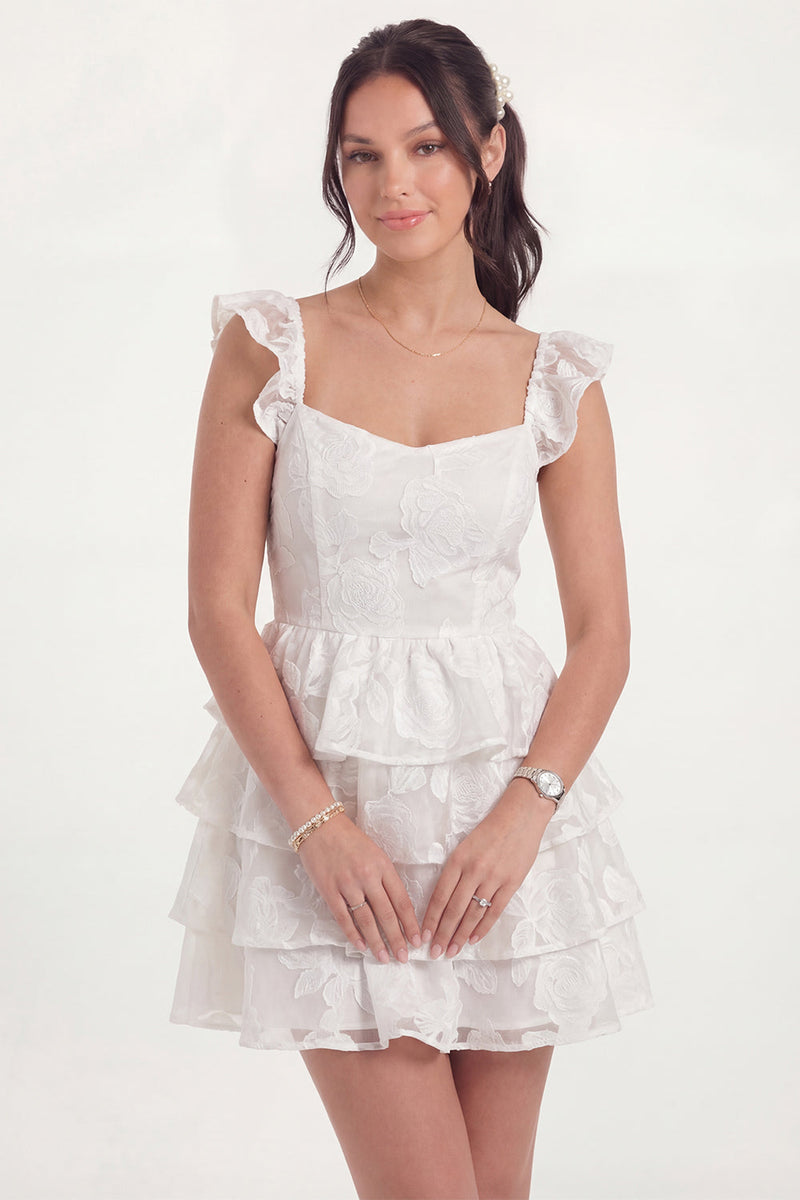 Laden Sie das Bild in den Galerie-Viewer, Weißes Blumen Korsett A-linie Rüschen Kurzes Abschlusskleid