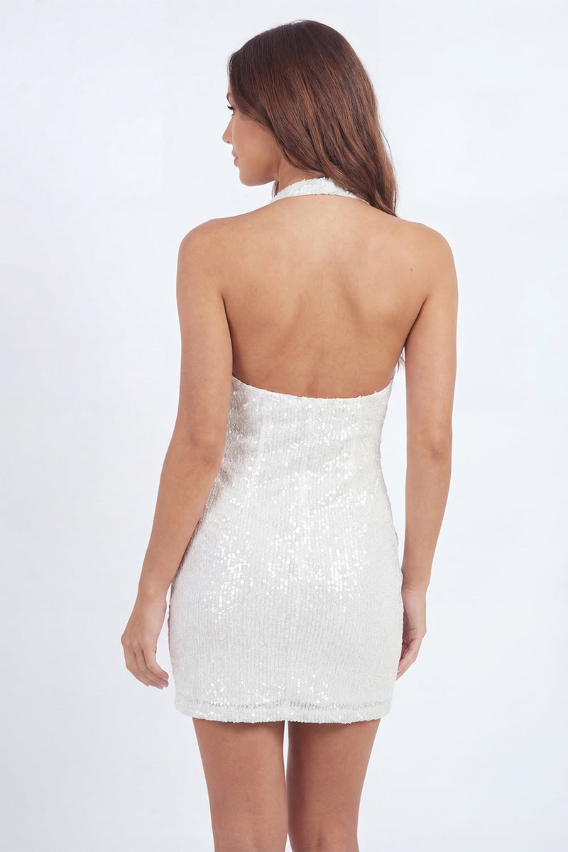 Laden Sie das Bild in den Galerie-Viewer, Glitzerndes Weißes Pailletten Neckholder Kurzes Standesamtkleid