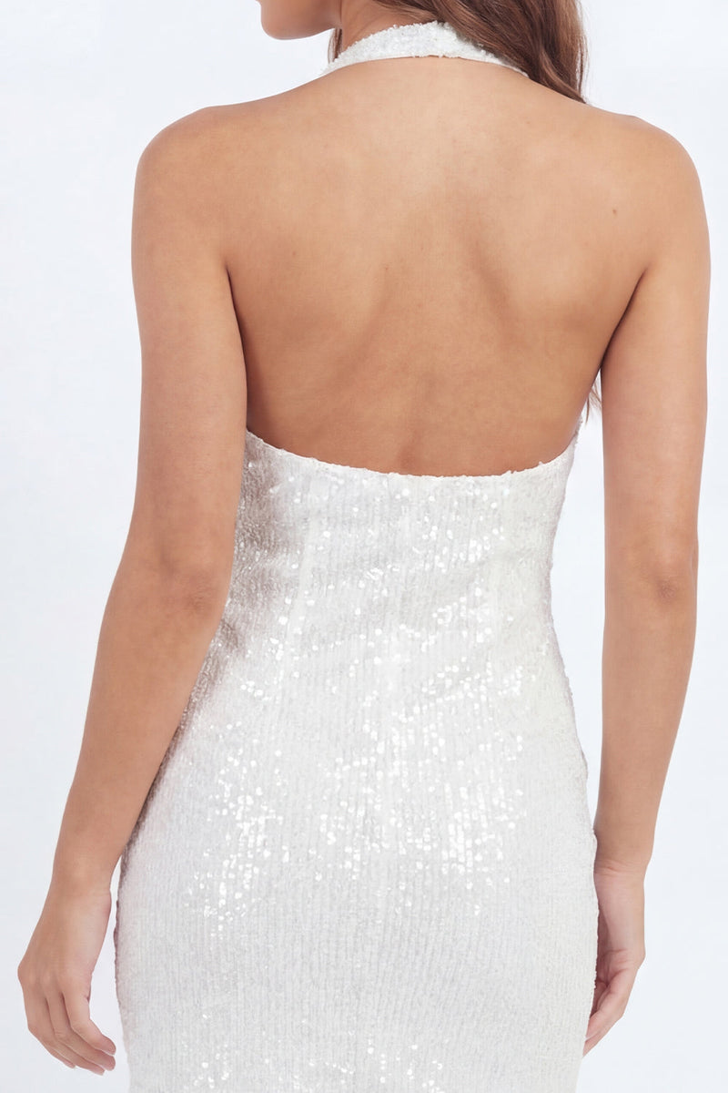 Laden Sie das Bild in den Galerie-Viewer, Glitzerndes Weißes Pailletten Neckholder Kurzes Standesamtkleid
