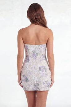 Weißes Bodycon Lila Blumen Keyhole Minikleid mit Schleife