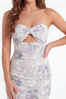 Laden Sie das Bild in den Galerie-Viewer, Weißes Bodycon Lila Blumen Keyhole Minikleid mit Schleife
