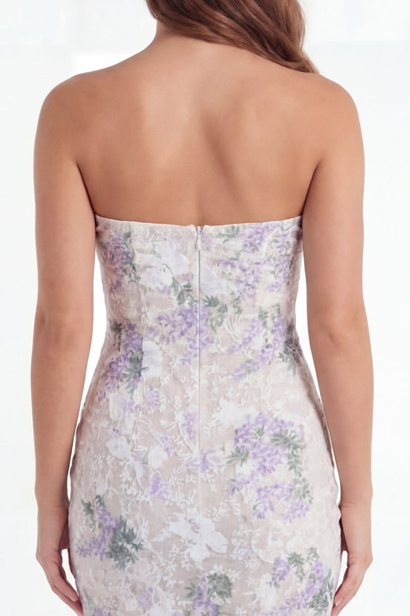 Laden Sie das Bild in den Galerie-Viewer, Weißes Bodycon Lila Blumen Keyhole Minikleid mit Schleife